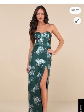 Lulu's Dark Emerald Floral Strapless Satin Gown